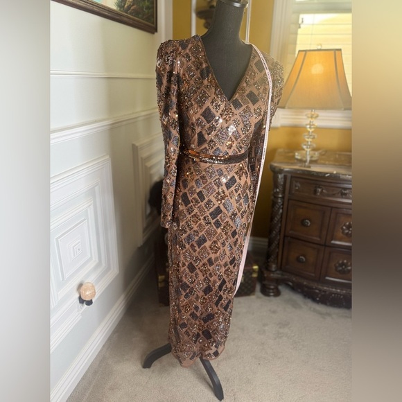 Brown Geo Embellished Midi Sheath Dress - Picture 12 of 15